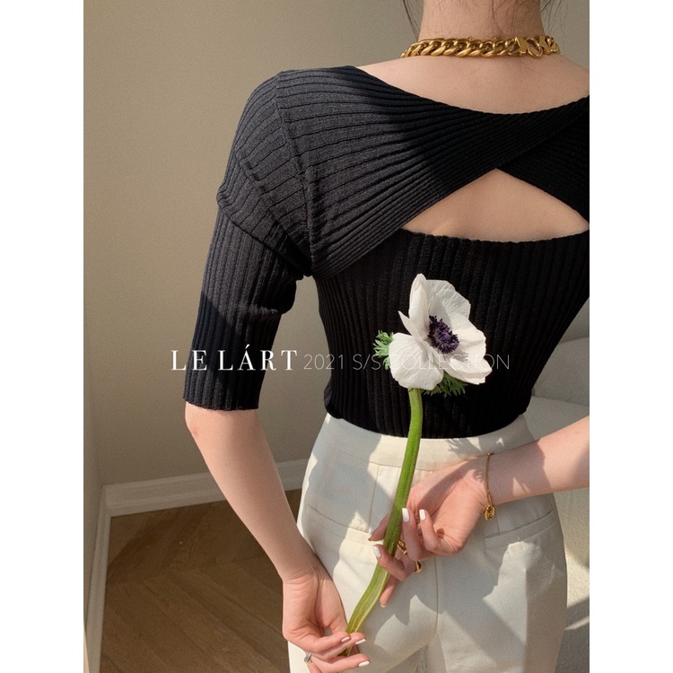 Áo Thun Dệt Kim Tay Ngắn Cổ Tròn Thiết Kế Đan Chéo Quyến Rũ