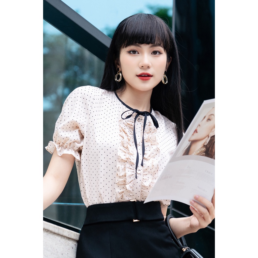 [Mã BMLT30 giảm đến 30K đơn 299K] Áo sơ mi nữ hè Lamia Design SM360 màu hồng pastel thắt nơ chấm bi