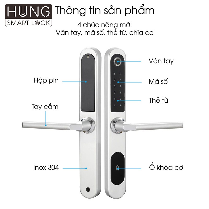 Khóa vân tay cửa nhôm xingfa chống trộm thông minh, 4 chức năng mở: Vân tay, Mã số, Thẻ Từ, Chìa cơ, Có BH