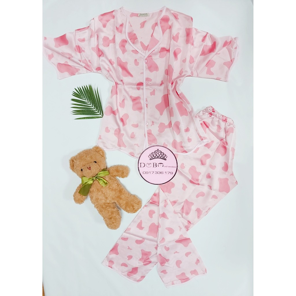 Đồ pijama lụa satin họa tiết bò sữa