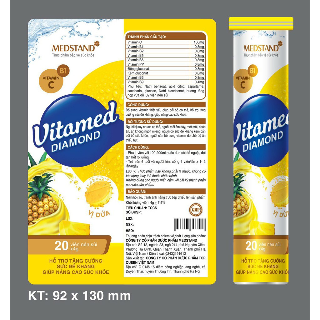 Viên Sủi Vitalcare Diamond - Vitamin Tổng Hợp, Vitamin C, Giải Nhiệt, Tăng Sức Đề Kháng (Tuýp 20 Viên)