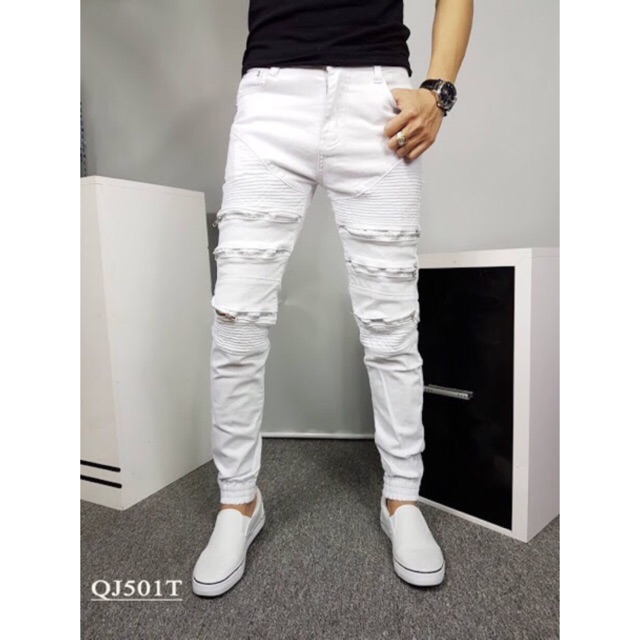 Quần jean trắng phối dây kéo