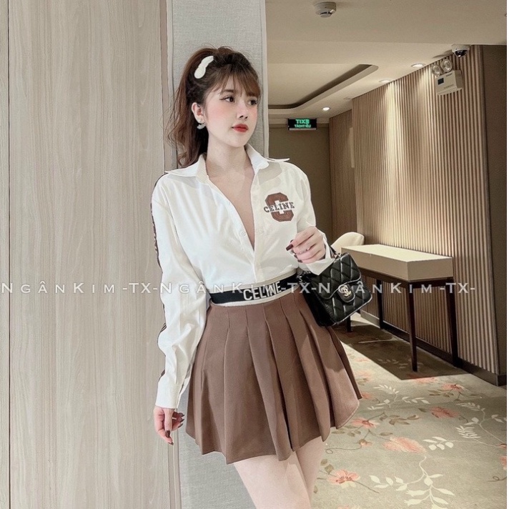 Set chân váy xếp ly phối bo áo sơ mi chữ đồ bộ nữ TL180 0222
