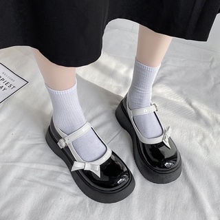 Giày búp bê da mũi tròn đính nơ xinh xắn cho nữ
