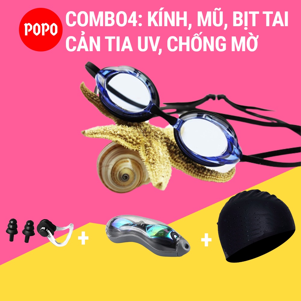 Kính bơi người lớn, kính bơi mắt trong kèm mũ bơi và bịt tai kẹp mũi POPO mắt kiếng bơi cho nam nữ trẻ em cản tia UV