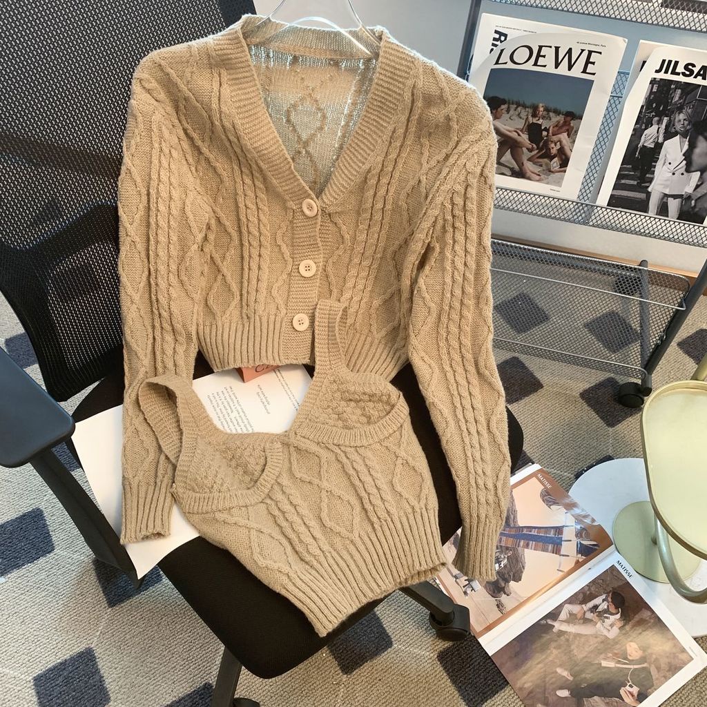 Bộ Áo cardigan Cổ Chữ V Dáng Ôm + Quần Yếm Phong Cách Hàn Quốc Thời Trang Thu Đông Cho Nữ