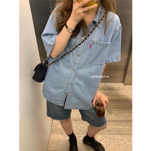 Áo Sơ Mi denim Tay Ngắn Dáng Rộng Phong Cách retro Hàn Quốc Dành Cho Nữ
