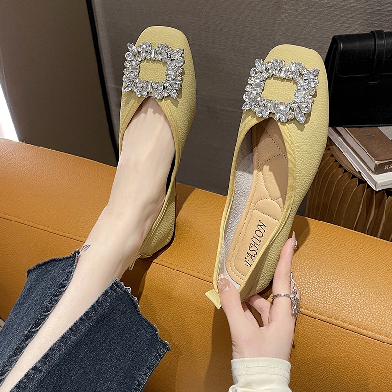 Giày Búp Bê Da Đế Bằng Mũi Vuông Đính Pha Lê Thời Trang Công Sở Cho Nữ