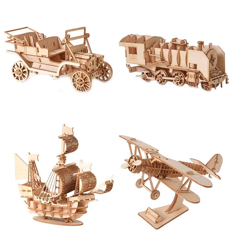 Đồ chơi lắp ráp mô hình xe cổ /tàu lửa /thuyền / máy bay 3D làm từ gỗ DIY vui nhộn cho bé