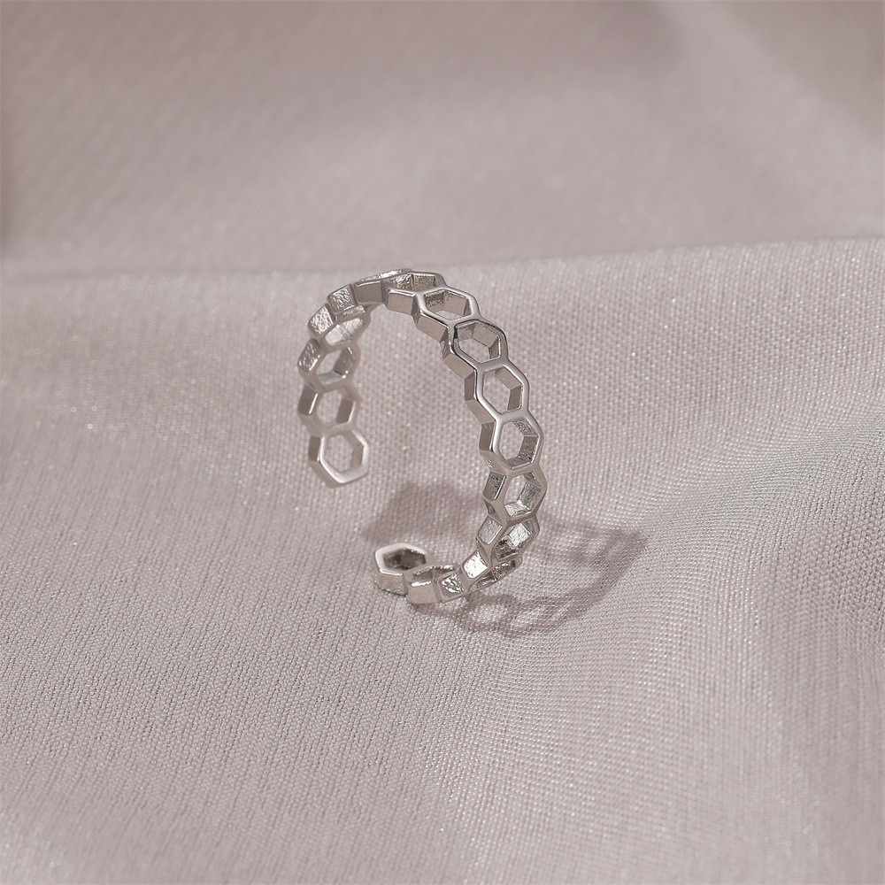 Japanese Simple Style Hollow Hexagon Finger Ring Opening Adjustable Ring Neutral Jewelry