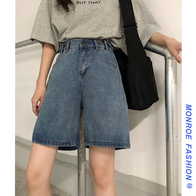 Quần Short Denim Nữ Lưng Cao Dáng Rộng Phong Cách Hàn Quốc