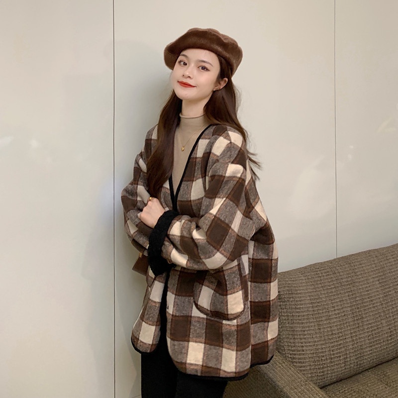 Áo Khoác Len Lông Cừu Tay Dài Dáng Rộng Phong Cách Hàn Quốc Thời Trang Mùa Đông Cho Nữ 2021