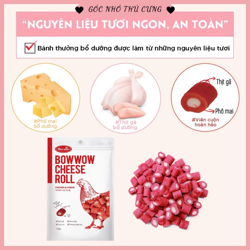 Phomai cuộn cá hồi, Phomai cuộn thịt gà Bowwow - Đồ thưởng cho chó mèo (Gói 120g)