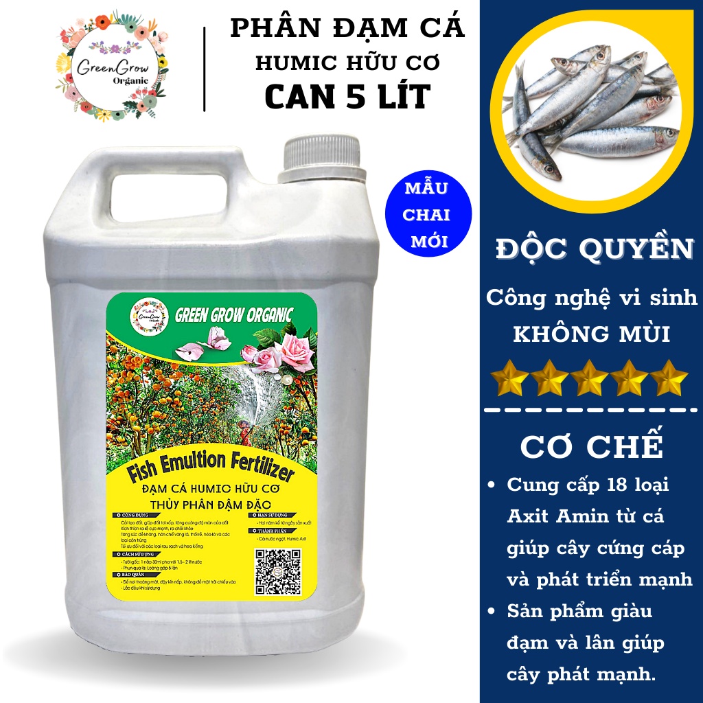 Phân đạm cá Fish Emulsion Green Grow Organic, can 5 lít, đạm cá hữu cơ kích rễ mạnh to cành MS134