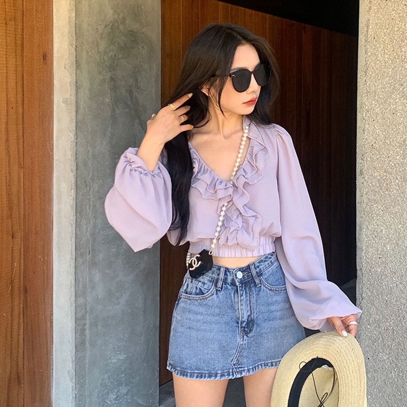 Áo Sơ Mi Chiffon Tay Dài Cổ Chữ v Phong Cách Hàn Quốc Thời Trang Cho Nữ