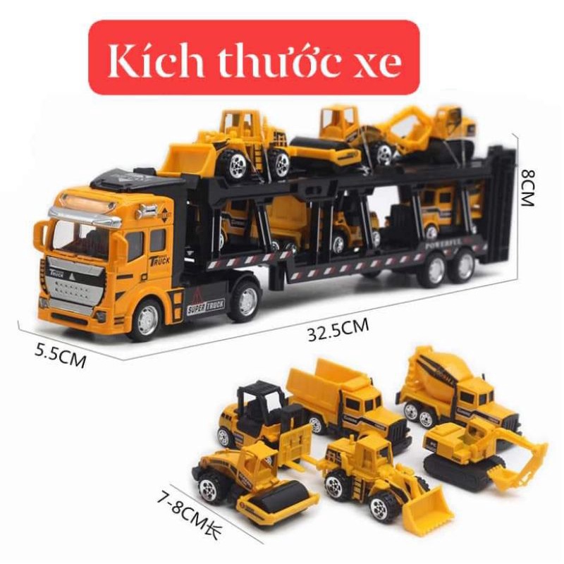 [Mẫu mới nhất shope]Mô hình xe container đầu kim loại chở 6 xe công trình kim loại.
