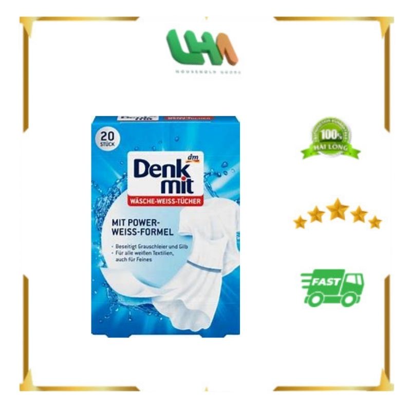 Tẩy Trắng Quần Áo Denkmit Wasche Weiss Tucher 20 miếng, làm trắng quần áo xỉn màu, đơn giản, hiệu quả, hàng nội địa Đức