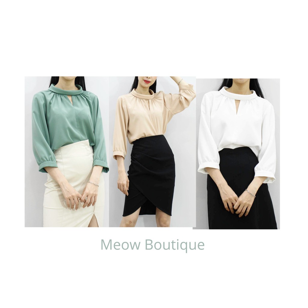 Sơ mi cổ lọ nhún vai tay lửng thiết kế Meow Boutique