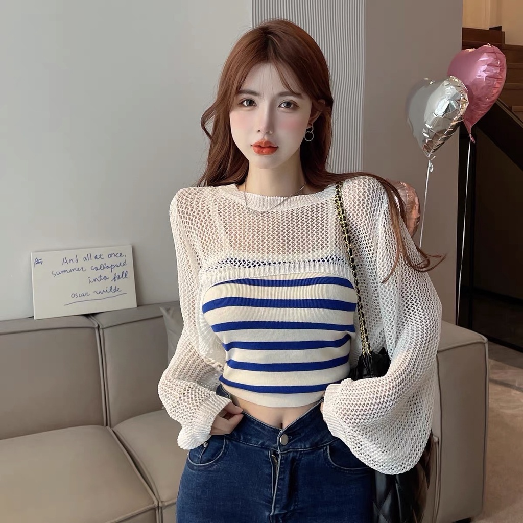 SUXI Áo Croptop Dệt Kim Chống Nắng Dáng Ôm Họa Tiết Kẻ Sọc Thời Trang Mùa Hè Cho Nữ