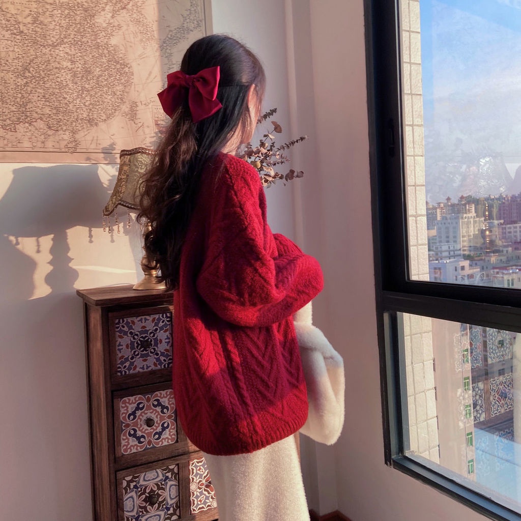 Áo chui đầu dáng rộng màu đỏ phong cách Giáng sinh mới cho nữ