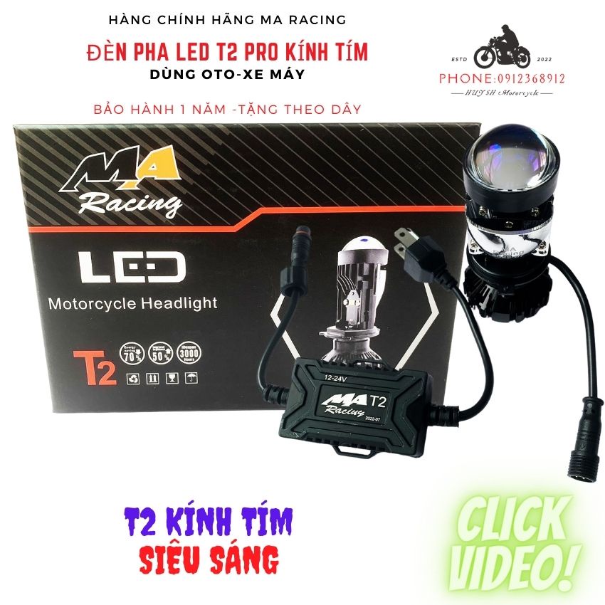 Đèn Pha LED Bi Cầu Mini T2 Mẫu 2022 Pro Kính Tím Lắp Ô tô, Xe Máy MA racing chính hãng