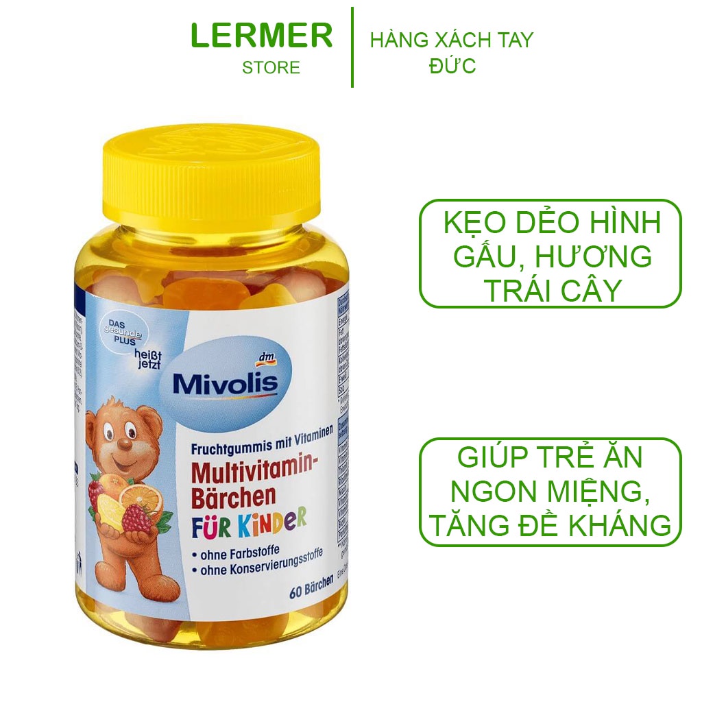 Kẹo gấu Mivolis bổ sung vitamin tổng hợp cho trẻ vị trái cây, hộp 60 viên hàng Đức
