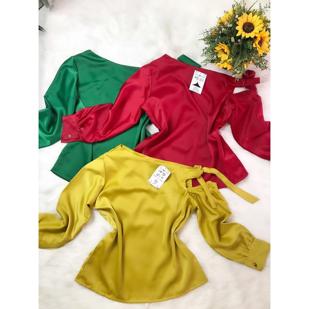 HÌNH THẬT 100% ÁO LỤA CAO CẤP TAY DÀI LỆCH VAI