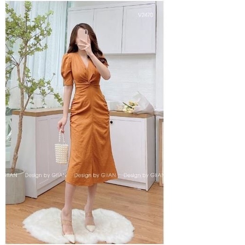 Đầm cổ v xoăn eo sang chảnh
