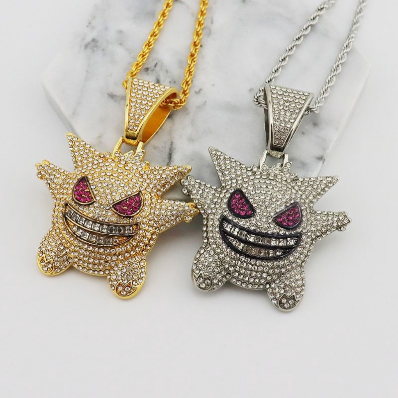 J❥ Jewelry Rock Punk Iced Out Shiny CZ Diamond Gengar Vampire Bull Pendant Necklace