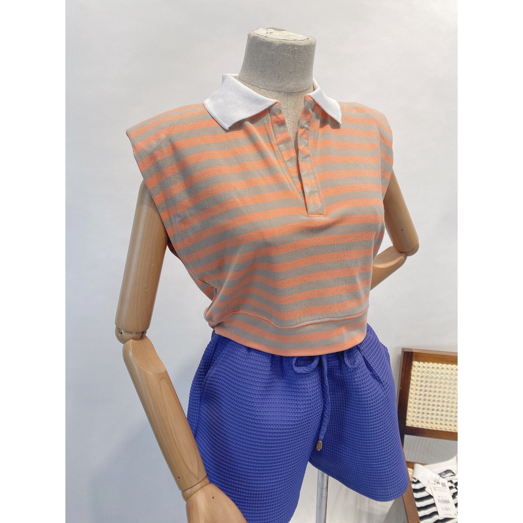 Áo thun nữ độn vai dáng croptop độn vai có cổ Pearl màu đen, cam và vàng chất cotton 100% siêu mịn mát