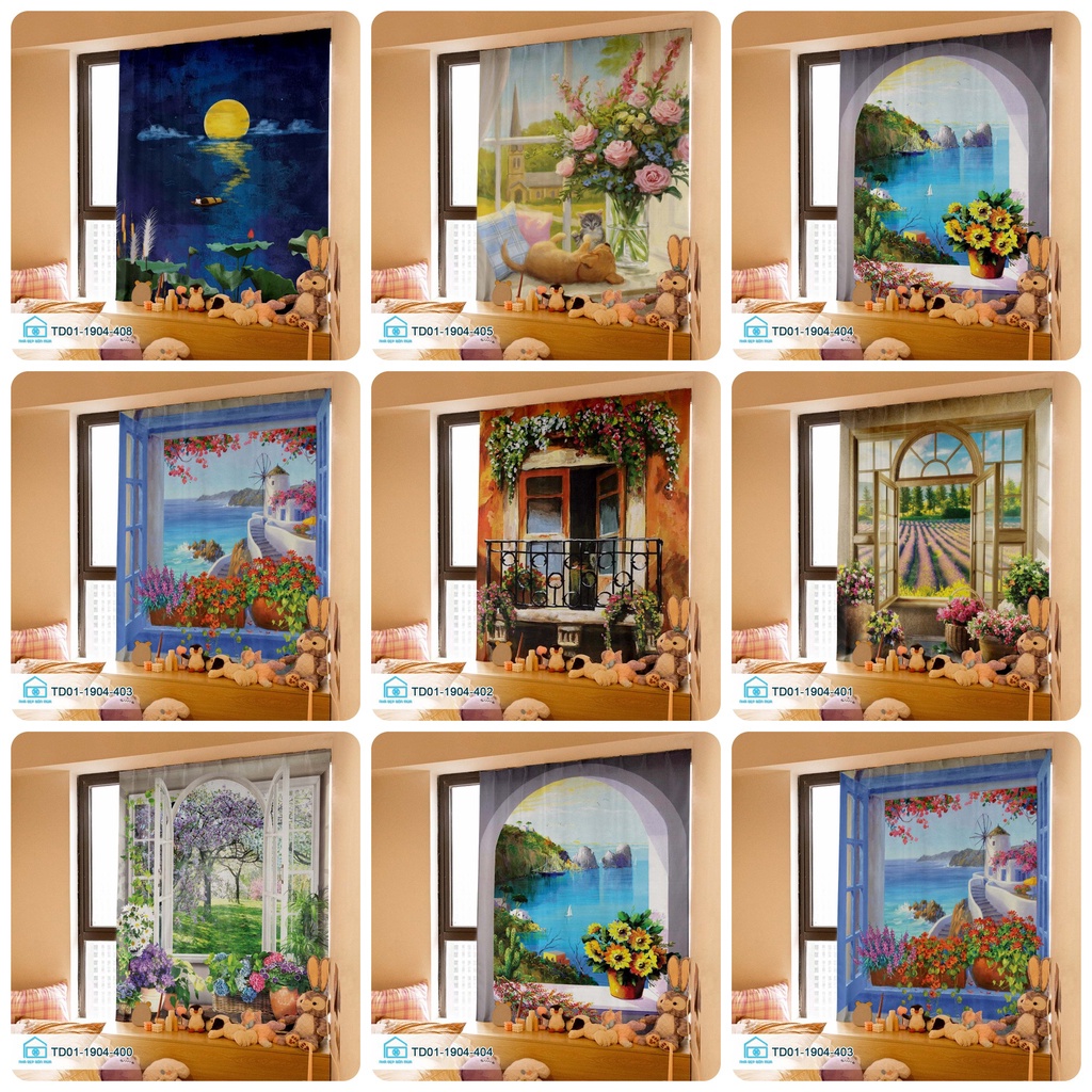 Rèm cửa dán tường Tín Phát Decor, rèm trang trí decor hình ảnh khung cửa sổ thơ mộng