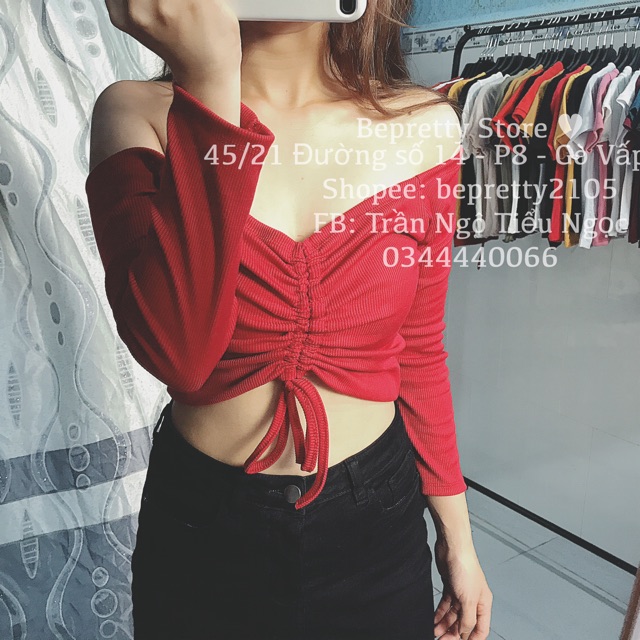 Áo croptop dây rút tay dài bẹt vai