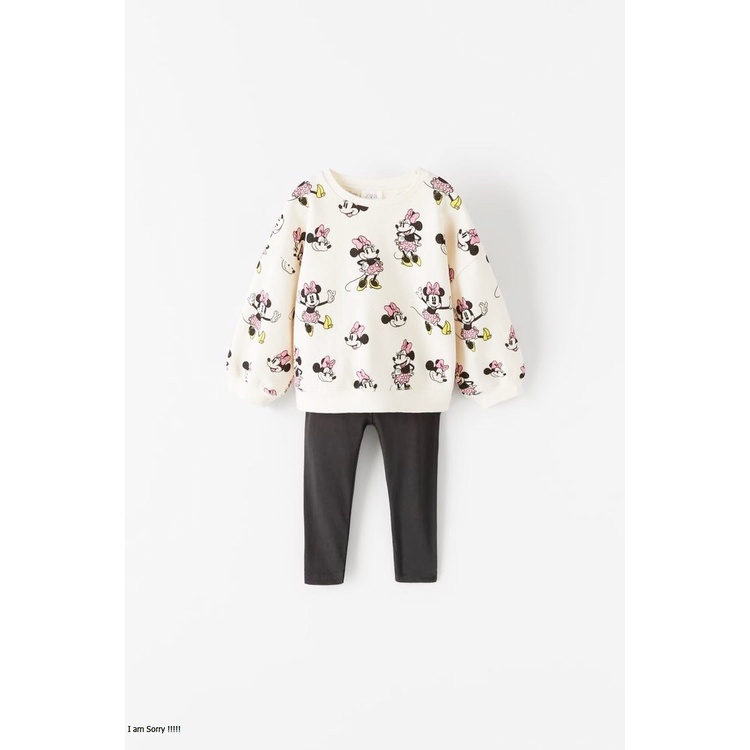 Sét bộ bé gái thu đông Zara, Bộ áo mickey trắng dài tay kèm quần đen cho bé chất cotton 4 chiều size 1y-5y