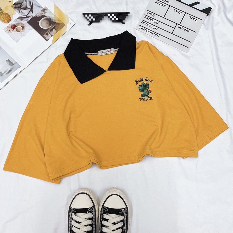 ÁO CROPTOP POLO OVERSIZE THÊU LOGO - VÀNG | BigBuy360 - bigbuy360.vn