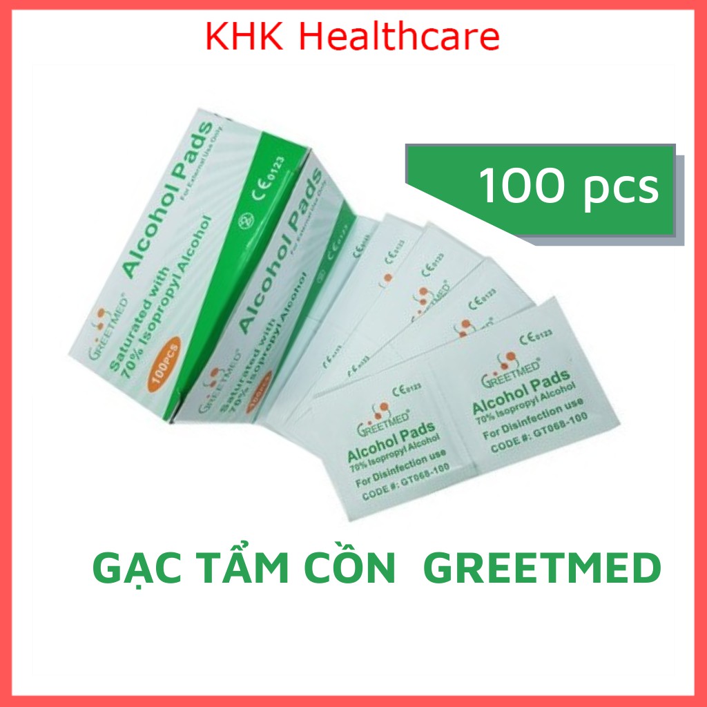 Gạc tẩm cồn Greetmed (hộp 100 miếng) sát khuẩn vệ sinh tay và vật dụng