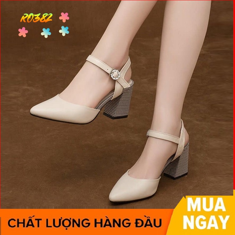 Giày cao gót nữ đẹp đế vuông 7 phân hàng hiệu rosata hai màu đen kem ro382