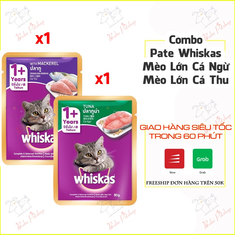 [COMBO TIẾT KIỆM] Combo 2 Gói Pate WHISKAS ADULT Cho Mèo Lớn 80G Vị Cá Ngừ Cá Thu - Bobo Pet Shop Hà Nội