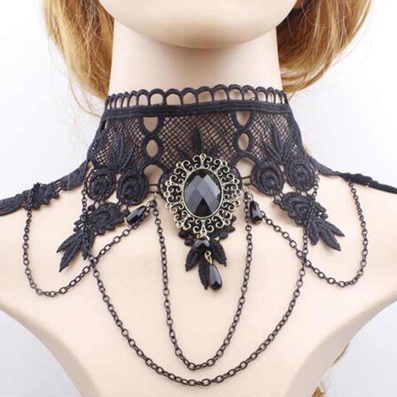 Vòng cổ choker ren màu đen đính pha lê phong cách cổ điển quyến rũ cho nữ
