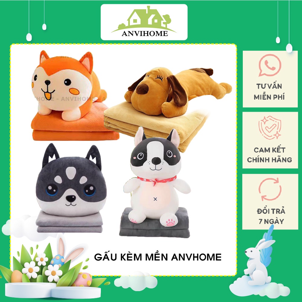 Bộ chăn gối hình con Chó Lạp Xưởng, hình chó phốc Boston Terrier, chó husky, chó tai dài mặt xệ, chó shiba kute 2in1