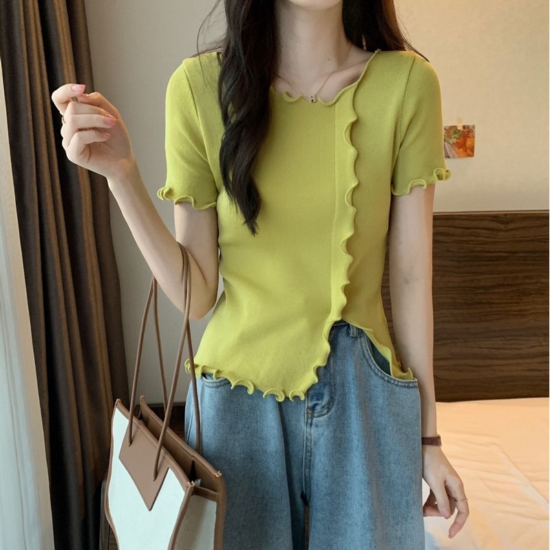 Áo thun ZHELIHANGFEI dệt kim ngắn tay xẻ tà phối bèo dễ thương cho nữ