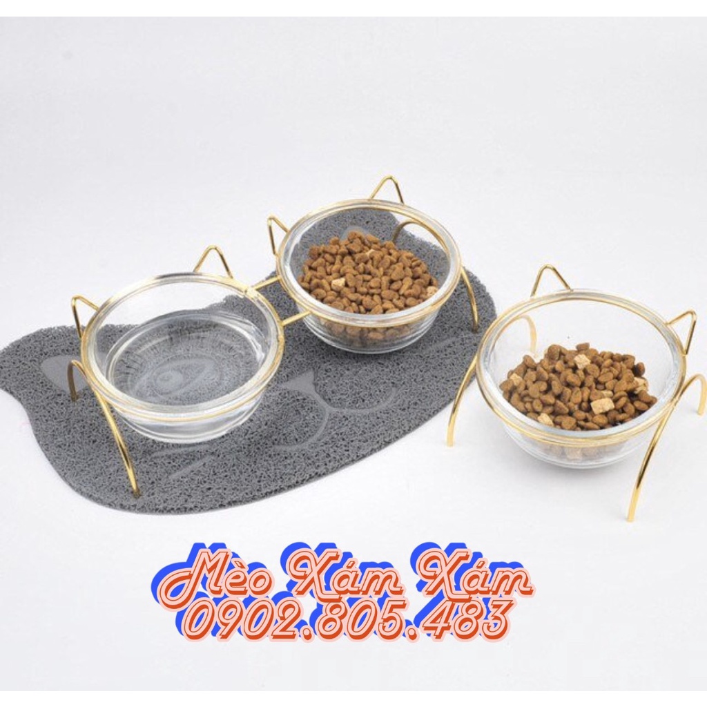 BÁT ĂN THỦY TINH KHUNG SẮT TAI MÈO VÀNG CHỐNG GÙ CHO CHÓ , MÈO