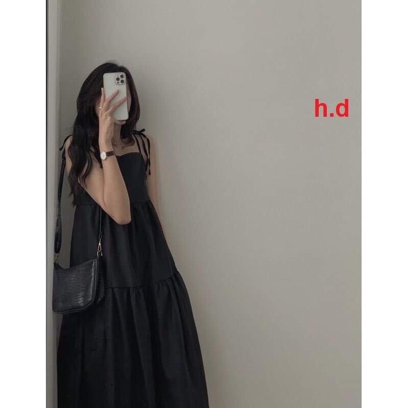 Váy 2 Dây Buộc Nơ Đen Trắng  Đầm đũi 3 tầng dáng dài, babydoll bánh bèo tiểu thư Ulzzanghai dây babydoll thắt nơ Maxi