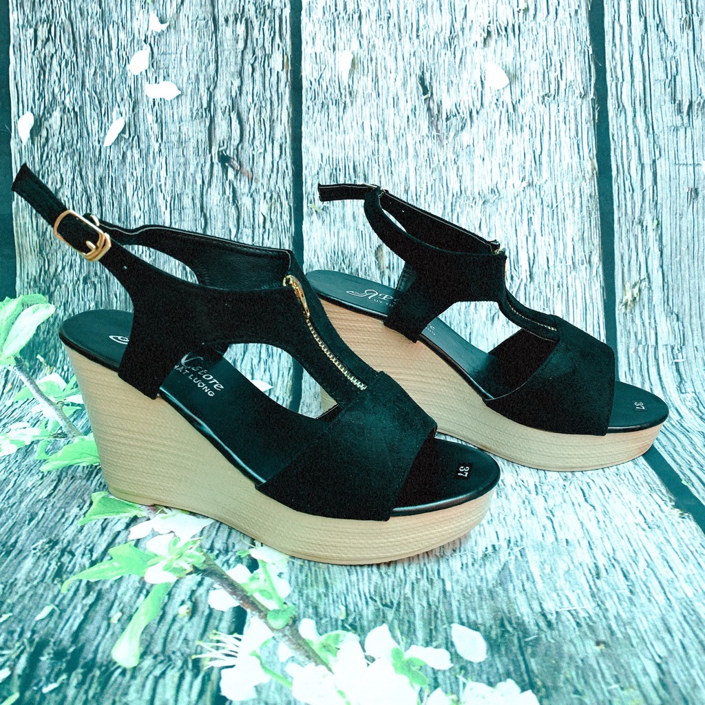 Giày sandal cao gót đế xuồng 9cm dây kéo đen