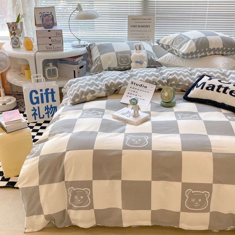 Set chăn ga gối 4 món cotton living gấu xám
