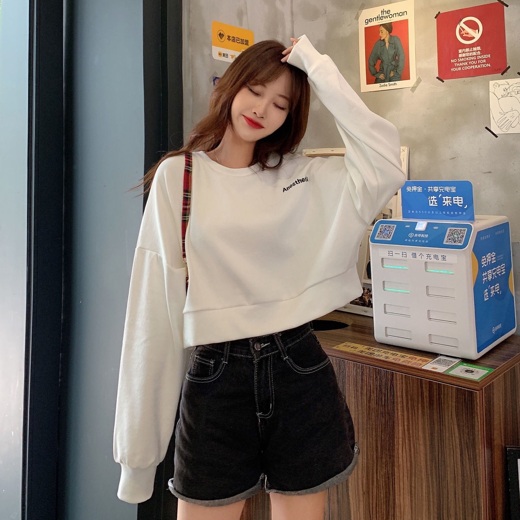 Áo Sweater Cotton Mỏng Tay Dài Dáng Rộng Phong Cách Chic Hồng Kông Cá Tính Cho Nữ