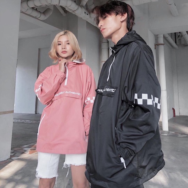 Áo khoác dù nam nữ chui dầy phối dây kéo viền caro