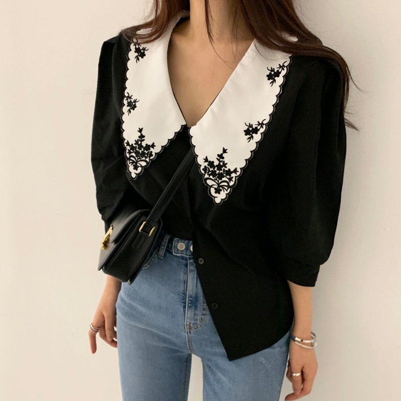Áo sơ mi kiểu nữ Thiết kế Retro Tay bồng Form rộng Ulzzang Hàn Quốc Sơ mi nữ Cổ điển Vintage Tay lửng