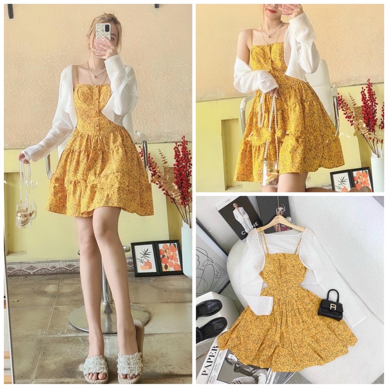 SET Đầm 2 dây tùng xoè hoa nhí vàng mix Áo khoác voan mỏng tay dài NÀNG CLOSET