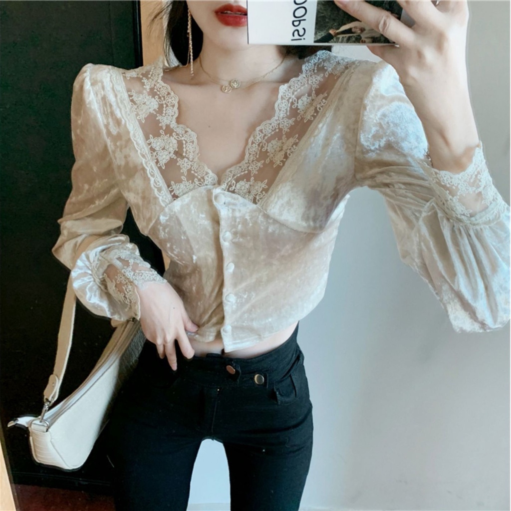 Áo kiểu tay dài cổ chữ V khoét sâu thời trang mùa thu 2021 cho nữ