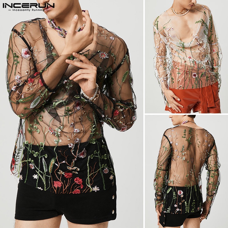 Áo thun INCERUN tay dài phối lưới xuyên thấu thêu hoa quyến rũ cho nam
